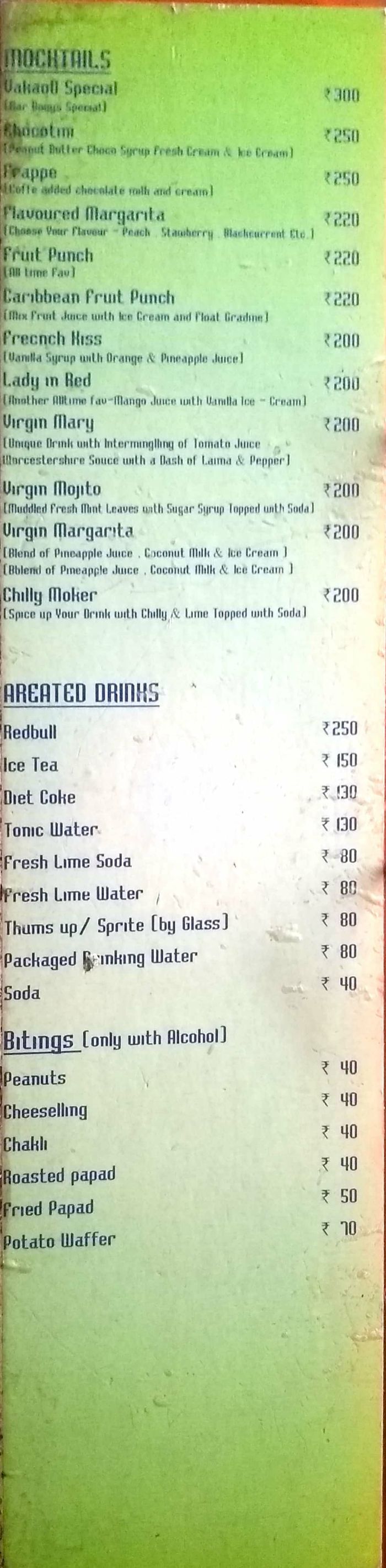 Vakaoo Sports Lounge Menu and Price List for Borivali West, Mumbai