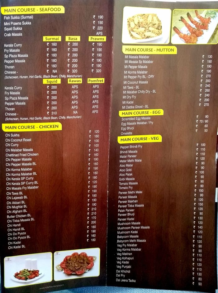 Hotel Fountain Plaza Menu and Price List for Fort, Mumbai