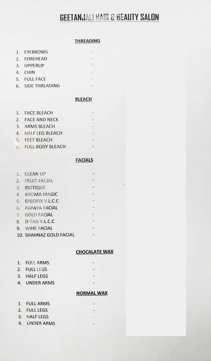 Geetanjali Beauty & Hair Saloon Menu and Price List for New Thippasandra, Bengaluru Geetanjali Beauty & Hair Saloon Menu and Price List for New Thippasandra, Bengaluru