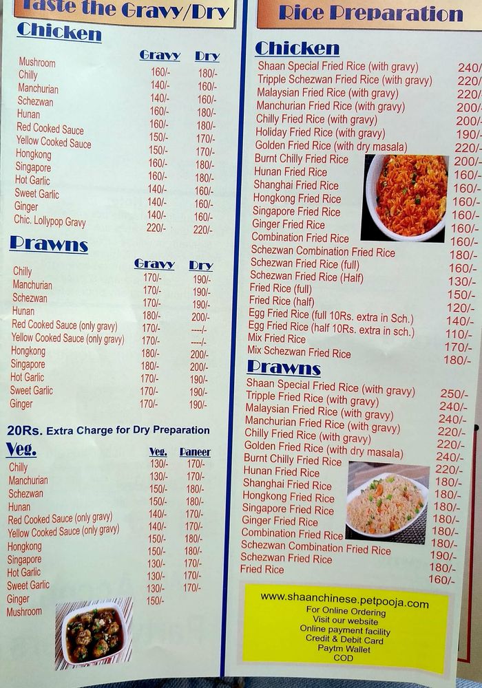 Shaan Chinese Corner Menu and Price List for Fort, Mumbai
