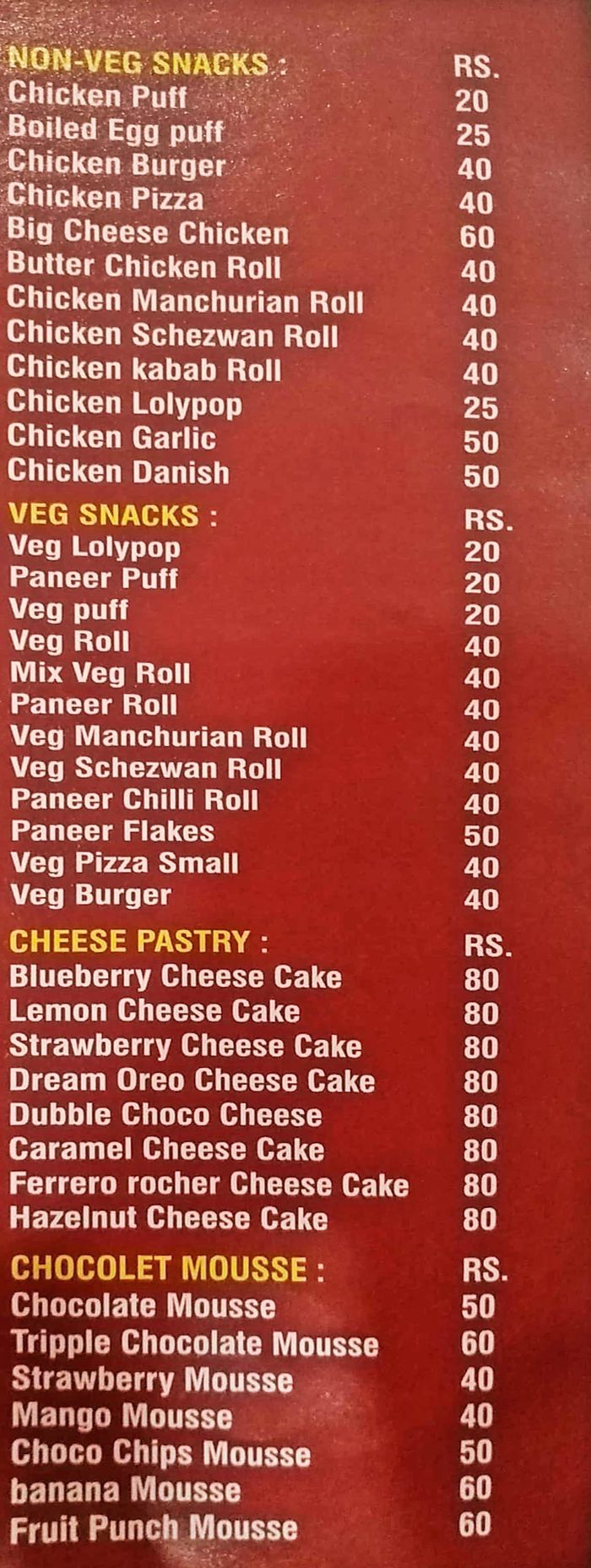 Live Bakers Menu and Price List for Andheri East, Mumbai