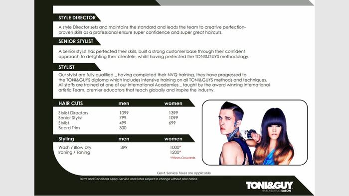 Toni & Guy Menu and Price List for HSR Layout, Bengaluru 