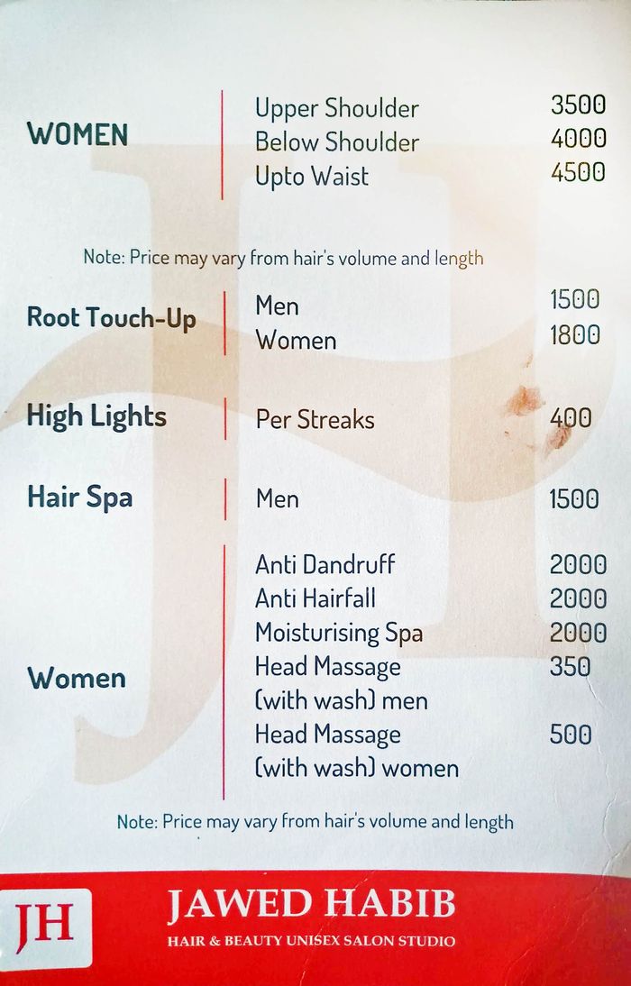 Jawed Habib Hair & Beauty Menu and Price List for HSR Layout, Bengaluru |  
