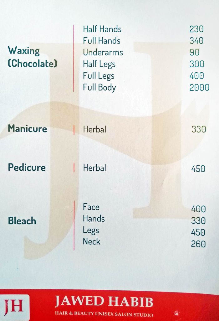 Jawed Habib Hair & Beauty Menu and Price List for HSR Layout, Bengaluru |  