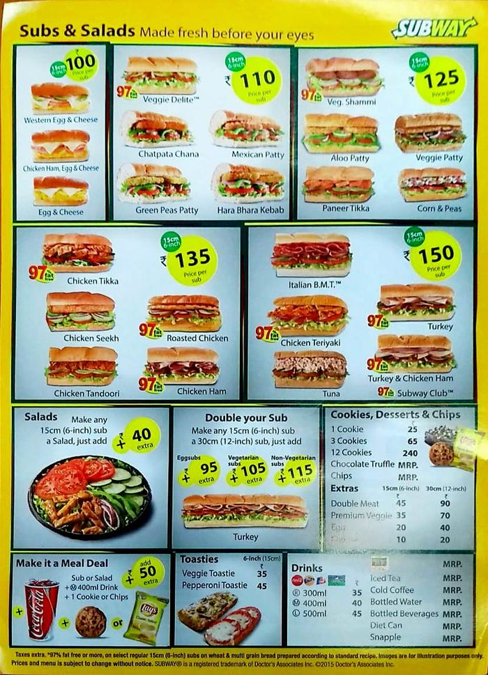 Subway Menu and Price List for Vile Parle West, Mumbai | nearbuy.com