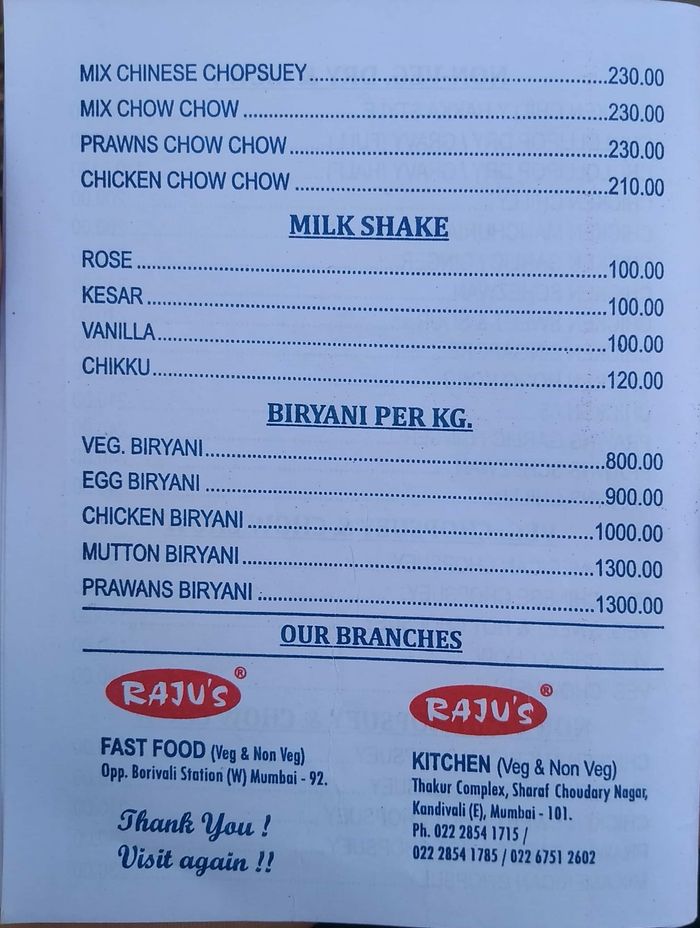 Raju's Kitchen Menu and Price List for Borivali East, Mumbai