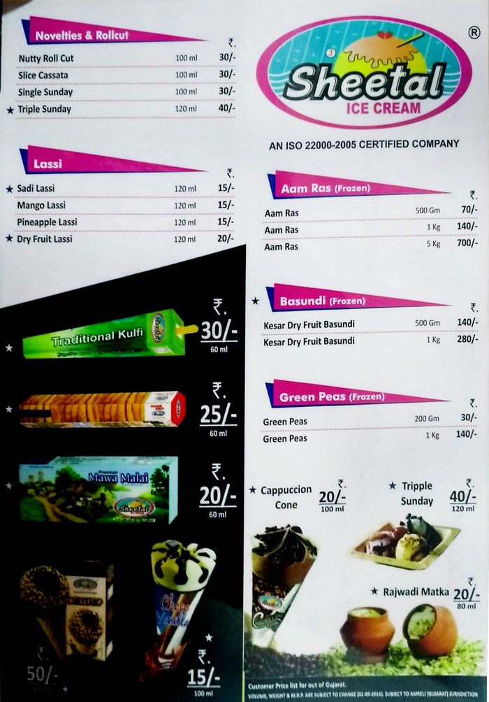 Sheetal Ice Cream Menu and Price List for Borivali East, Mumbai
