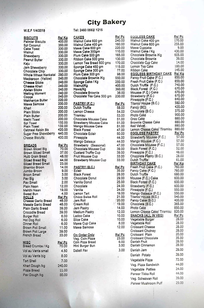 City Bakery Menu and Price List for Worli, Mumbai