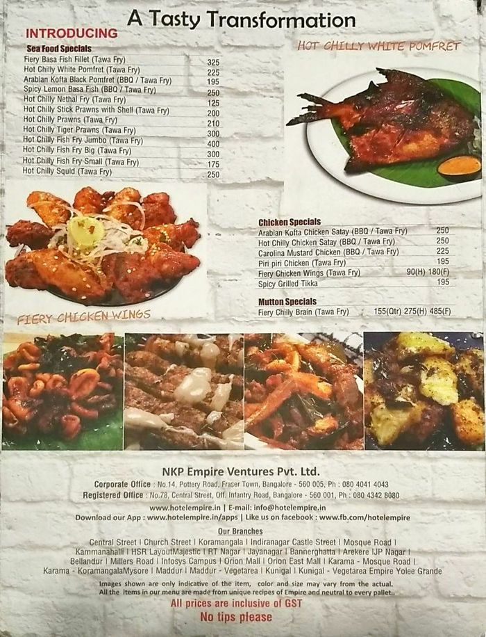 Empire Restaurant Menu and Price List for HSR Layout, Bengaluru