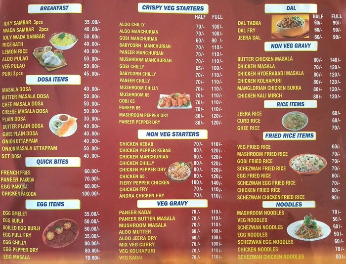 Sai Sagar Food Court Menu and Price List for Gulimangala, Bengaluru ...