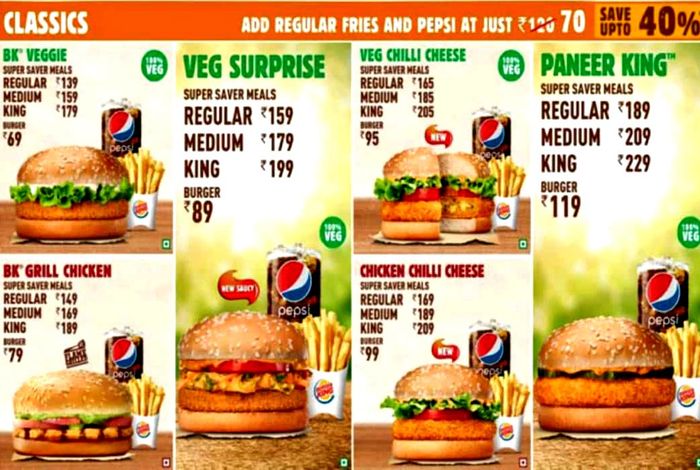  Burger  King Menu  and Price List for Andheri East Mumbai 