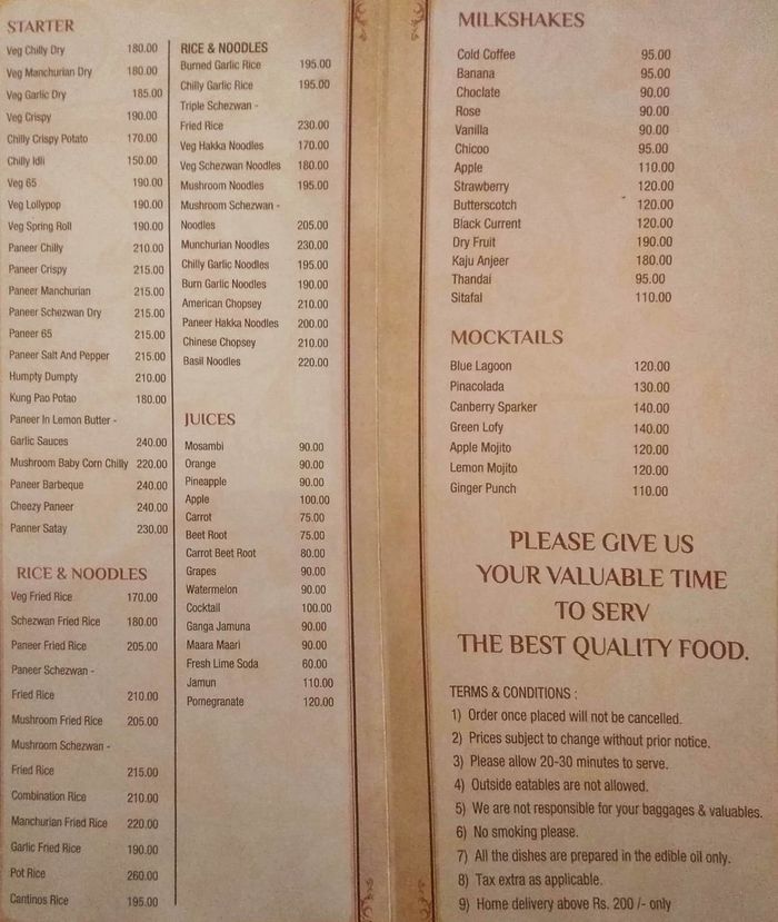 F For Food Menu and Price List for Powai, Mumbai
