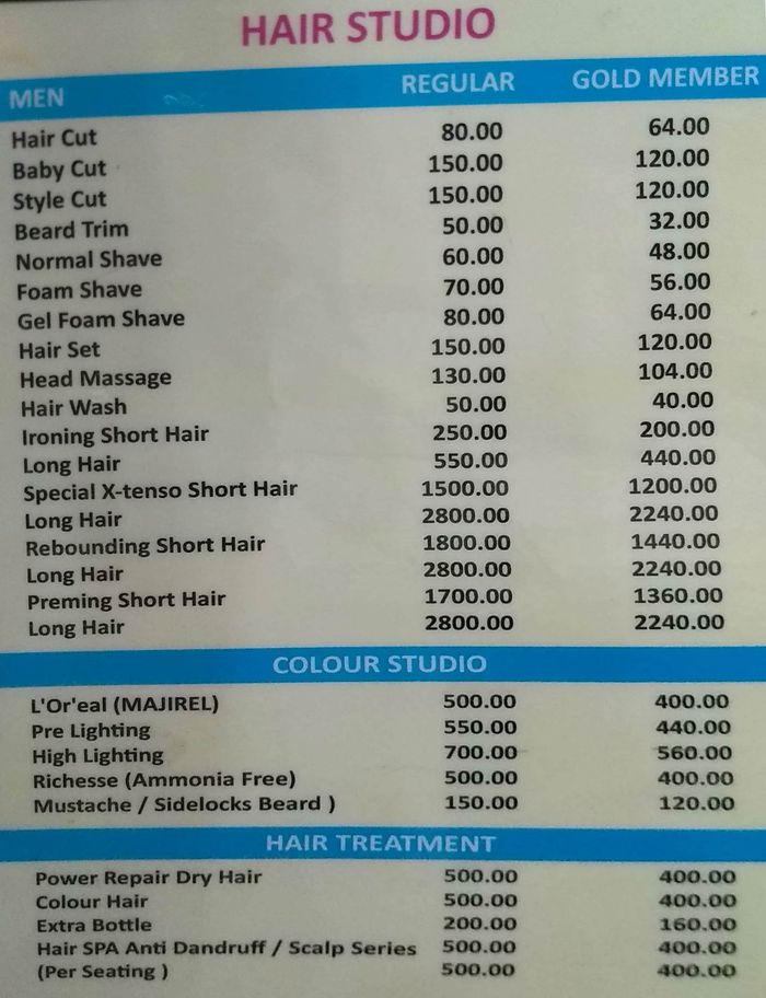 Vipra's Mens Salon Menu and Price List for Tilak Nagar, Mumbai 