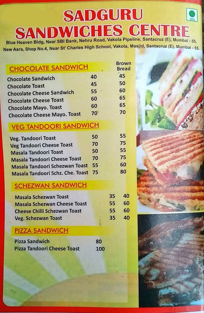 Sadguru Sandwich Menu and Price List for Santacruz East, Mumbai