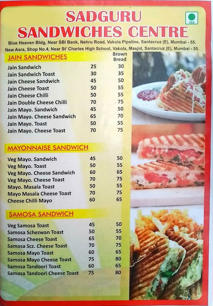 Sadguru Sandwich Menu and Price List for Santacruz East, Mumbai