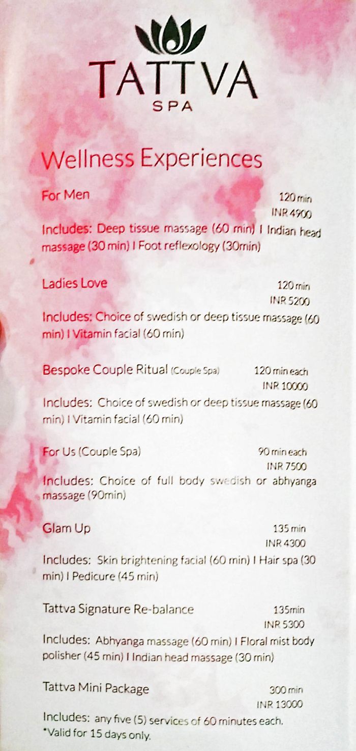 Tattva Spa - Holiday Inn Menu and Price List for Andheri East, Mumbai
