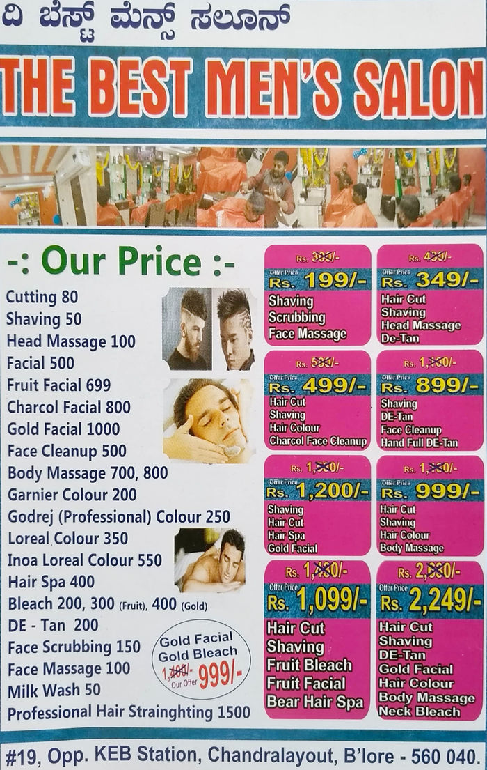 The Best Men's Salon Menu and Price List for Chandra Layout Stage 2,  Bengaluru 