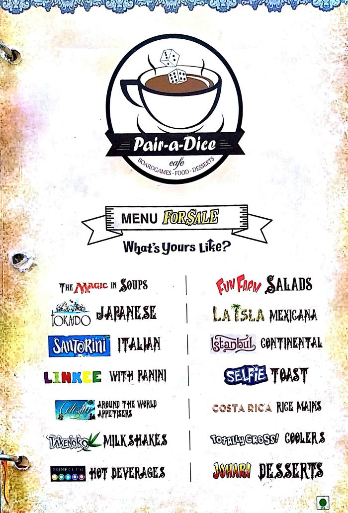 PairADice Cafe Menu and Price List for Jogeshwari West, Mumbai