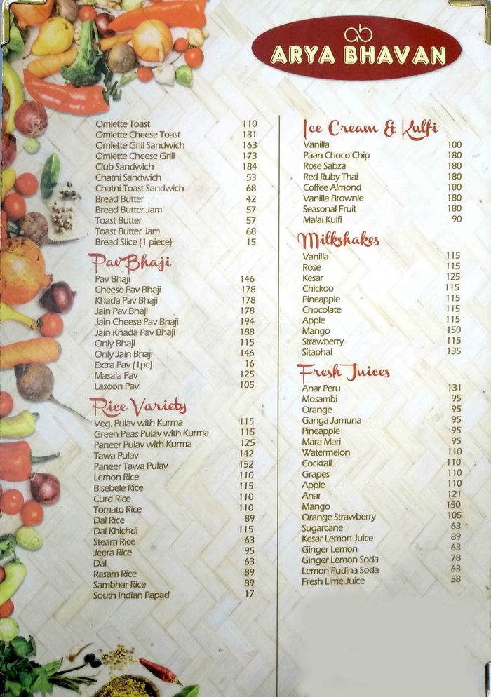 Arya Bhavan Menu And Price List For Mantralaya Mumbai