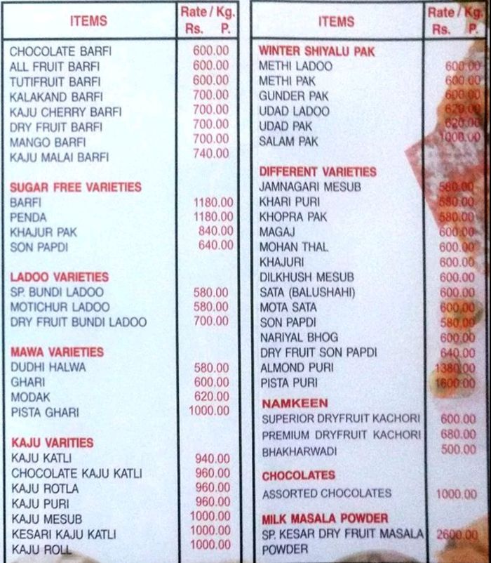 Mohanlal S Mithaiwala Menu And Price List For Kalbadevi, Mumbai ...