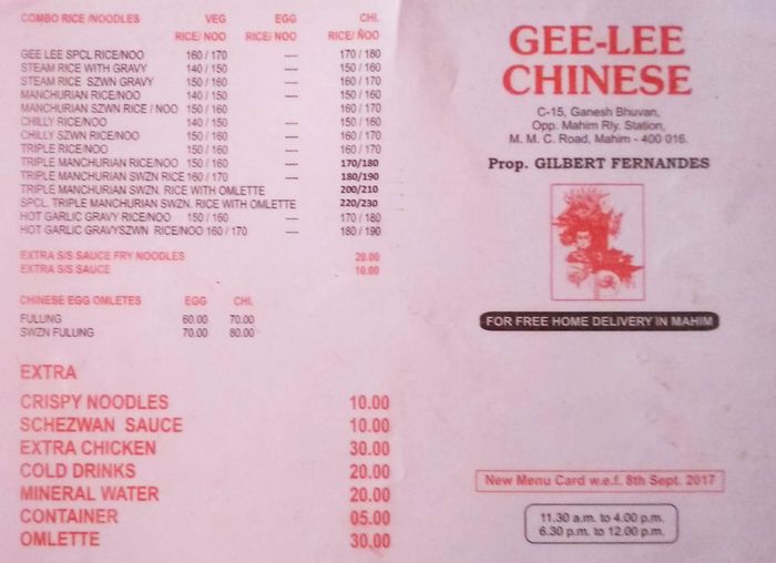 Gee-Lee Chinese Menu and Price List for Matunga West, Mumbai 