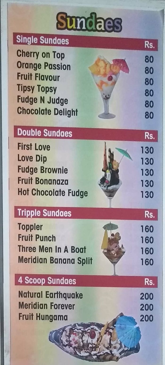 Meridian Ice Cream Menu and Price List for Matunga West, Mumbai