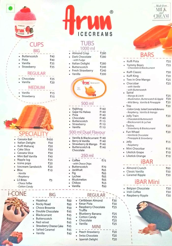 Arun Ice Cream Menu and Price List for Kaval Baira Sandra, Bengaluru ...