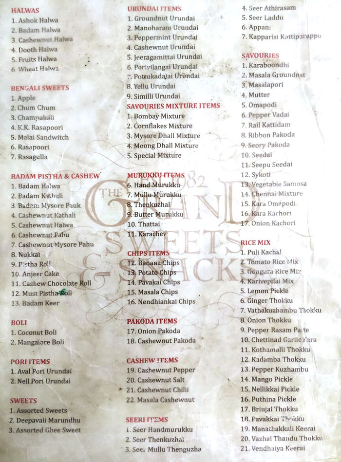 Amirtham By Grand Sweets and Snacks Menu and Price List for Adyar