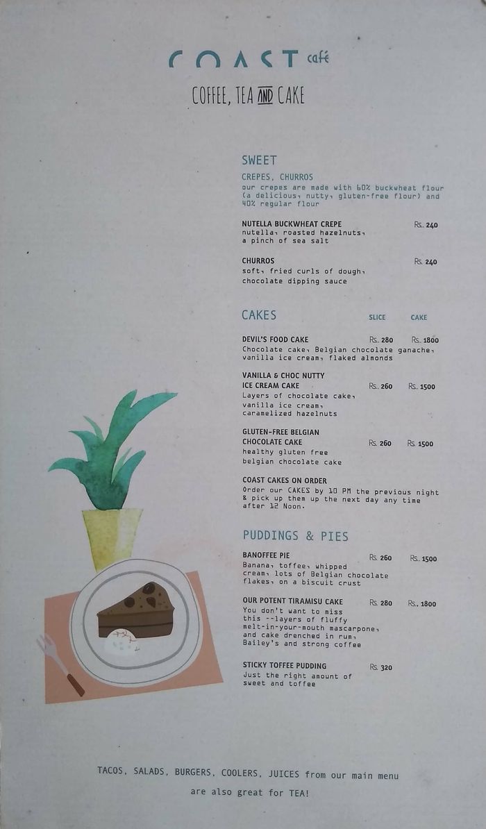 Coast Cafe Menu and Price List for HKV, New Delhi
