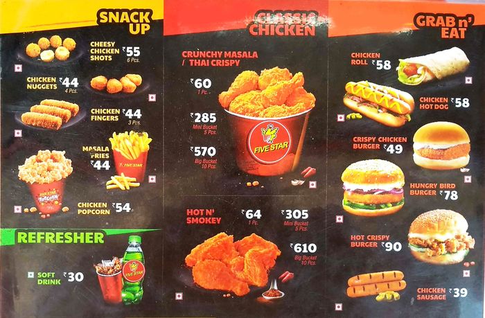 Five Star Chicken Menu and Price List for Hebbal ...