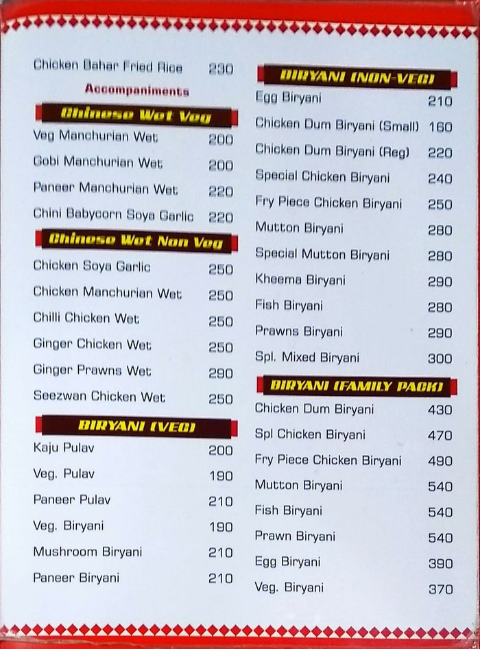 Bahar Biryani Cafe Menu and Price List for Vanasthalipuram, Hyderabad