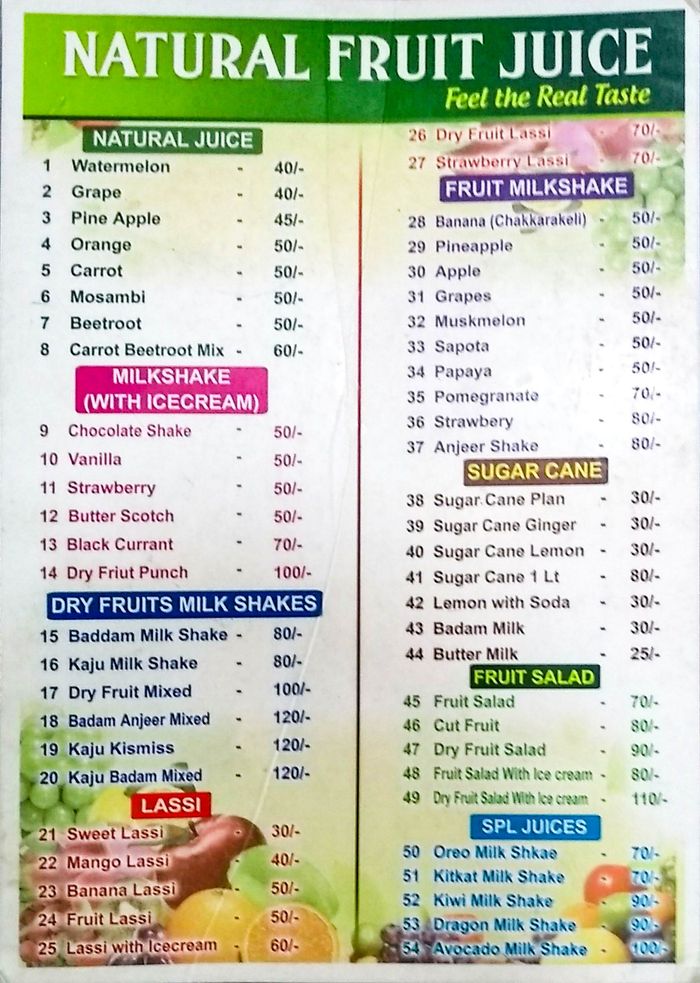 Natural Fruit Juice Menu and Price List for Kukatpally