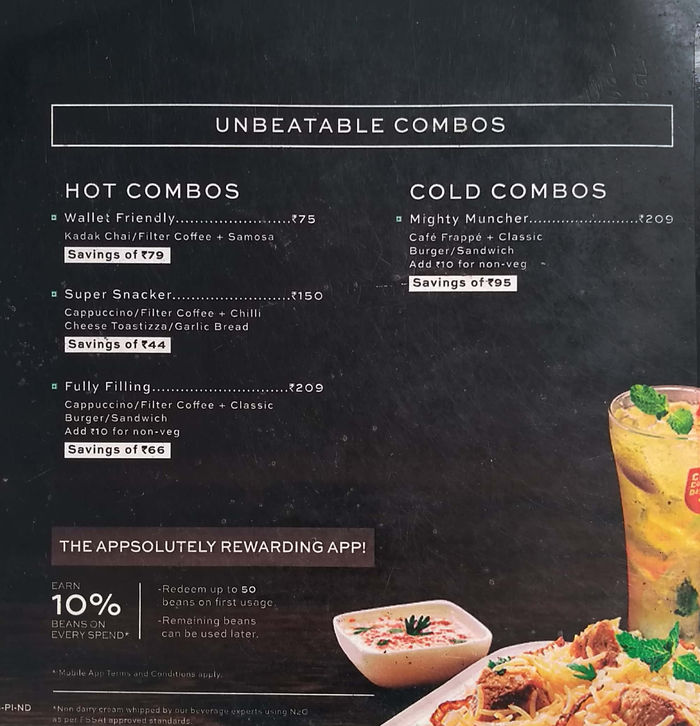 Cafe Coffee Day Menu and Price List for Gachibowli, Hyderabad