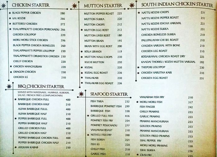 Dindigul Thalappakatti Menu and Price List for T Nagar, Chennai