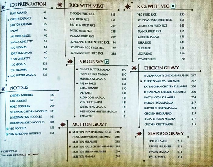 Dindigul Thalappakatti Menu and Price List for T Nagar, Chennai