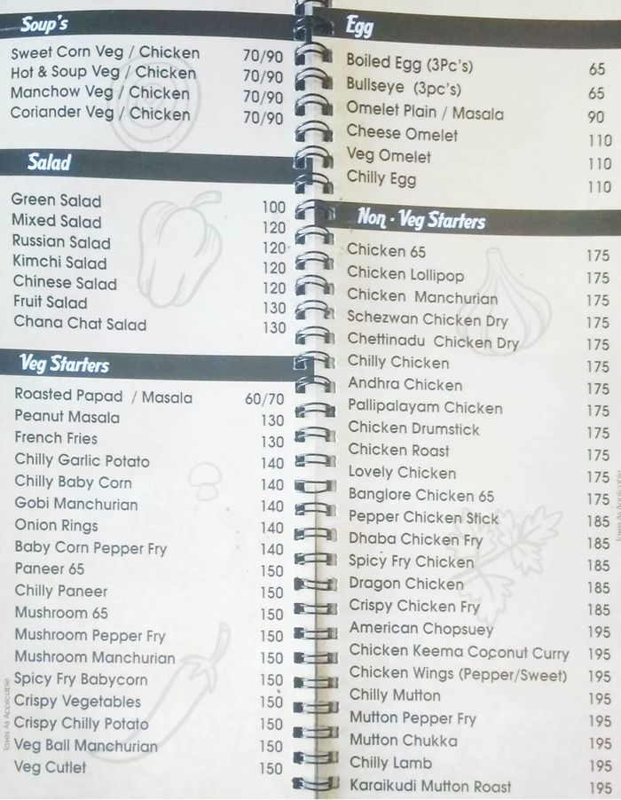 Skyline Menu and Price List for T Nagar, Chennai