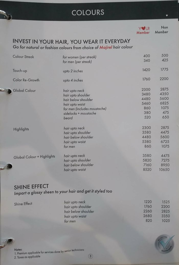 Enrich Salon Menu and Price List for Kemps Corner, Mumbai