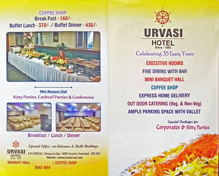 Hotel Urvasi Urvasi Takeaway Menu And Price List For Somajiguda