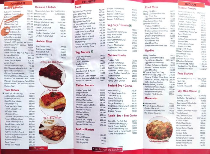 Zaitoon Menu and Price List for Royapettah, Chennai