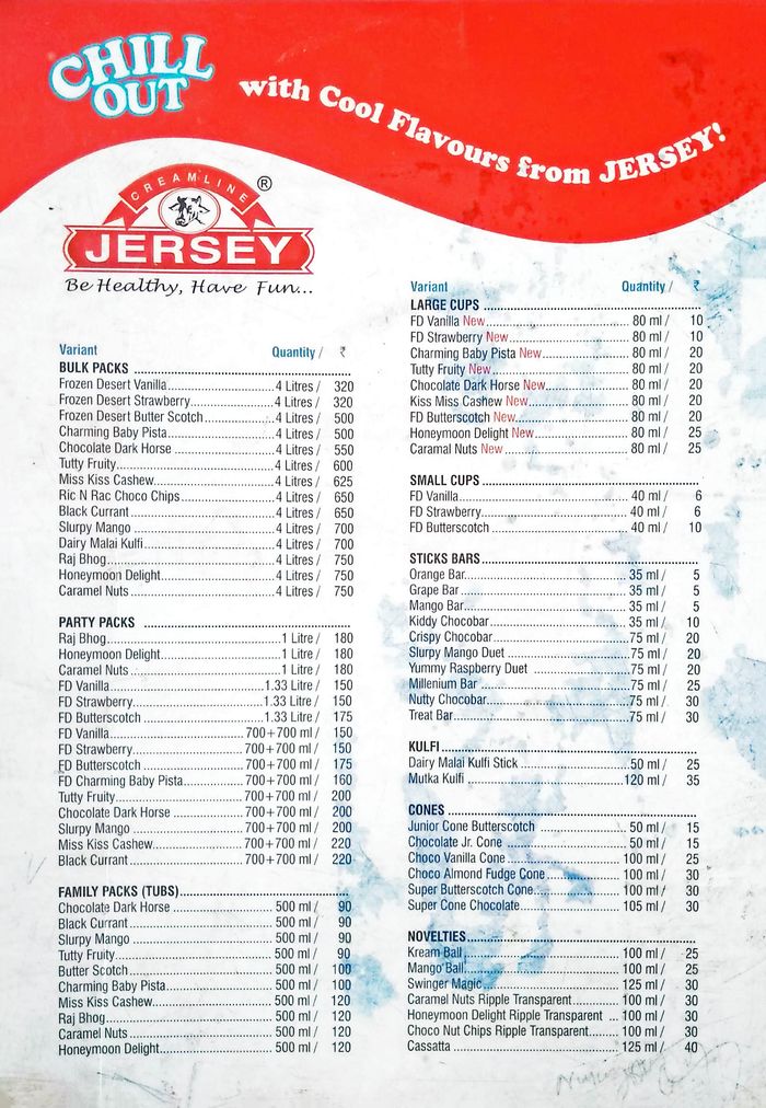Jersey Ice Cream Parlor Menu and Price List for Hebbal, Bengaluru