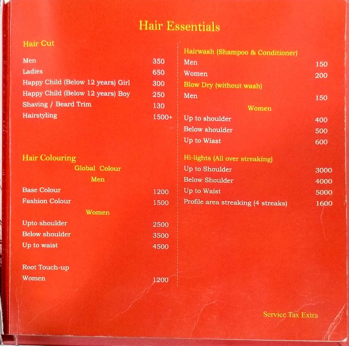 Jawed Habib Hair & Beauty Menu and Price List for Vanasthalipuram