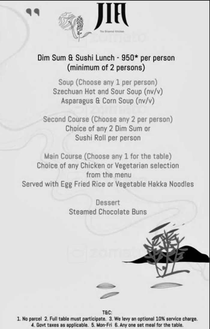 Jia The Oriental Kitchen Menu And Price List For Apollo Bunder