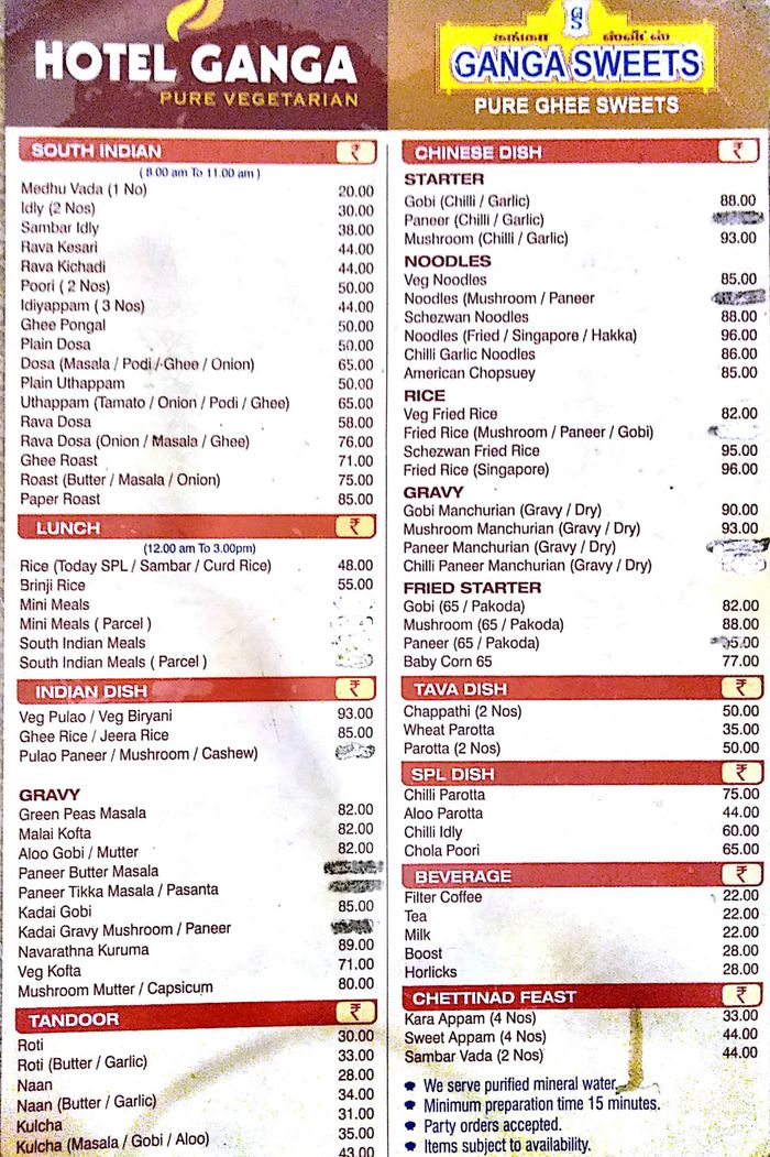 Ganga Sweet Menu and Price List for Anna Nagar, Chennai