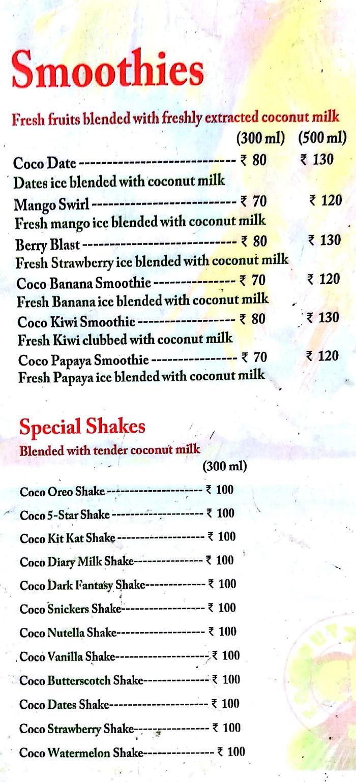 Coconut Juice Bar Menu and Price List for Serilingampally, Hyderabad