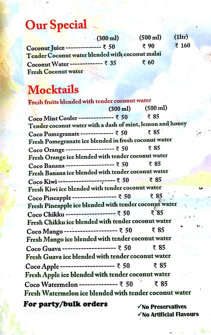 Coconut Juice Bar Menu and Price List for Serilingampally, Hyderabad