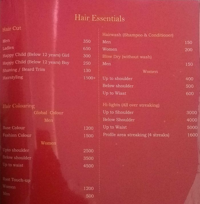 Jawed Habib Hair & Beauty Menu and Price List for Prenderghast Road,  Secunderabad 