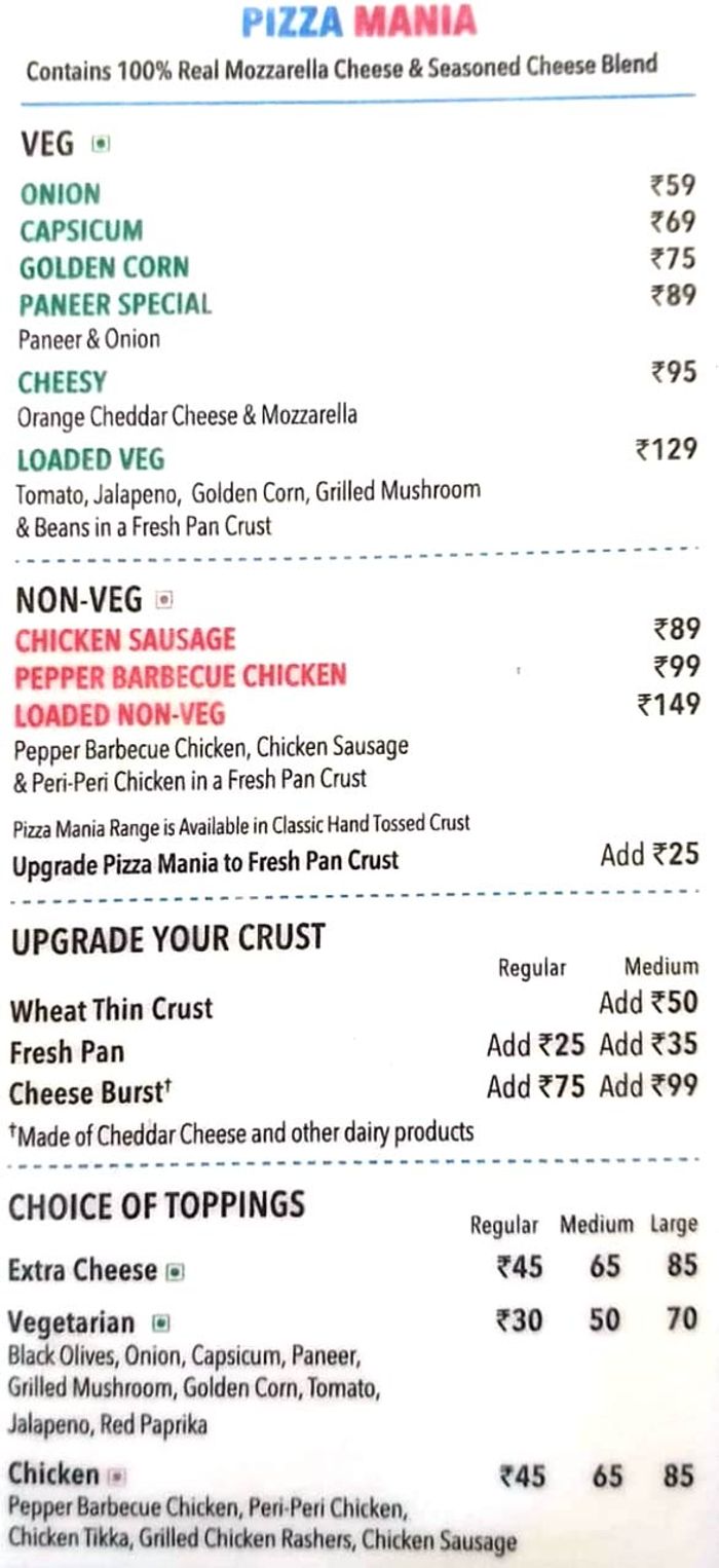 Domino S Pizza Menu And Price List For Bhandup West Mumbai