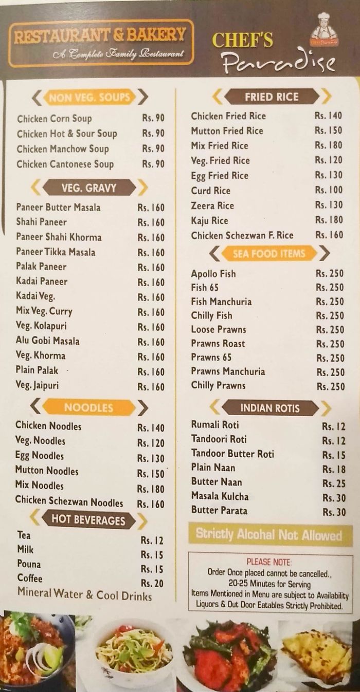 Chef S Paradise Restaurant Bakery Menu And Price List For