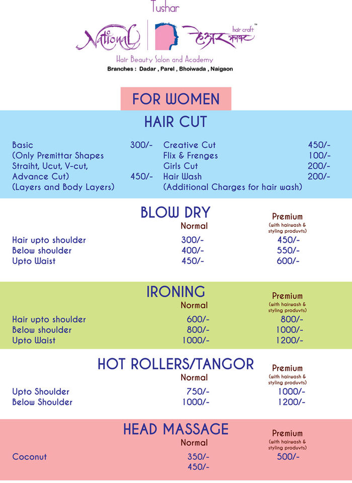 Tushar Hair Craft Salon Menu and Price List for Dadar West, Mumbai |  