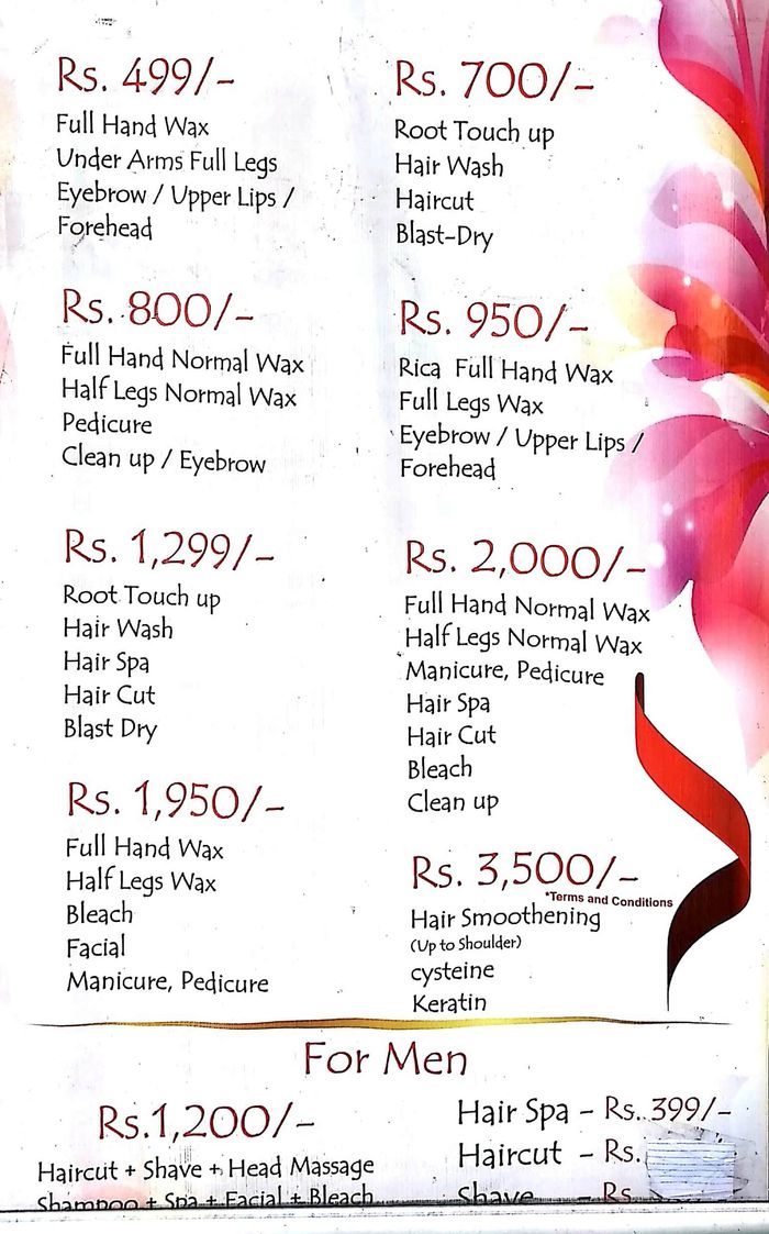 Arun's Unisex Salon Menu and Price List for Powai, Mumbai 